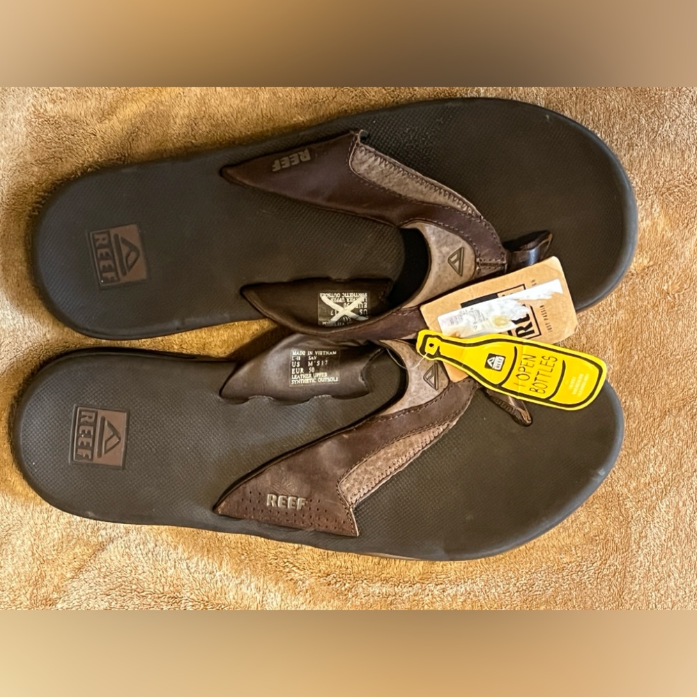 MEN'S REEF FANNING  BROWN LEATHER UPPER FLIP FLOP BEACH SANDALS SIZE 17 NWT